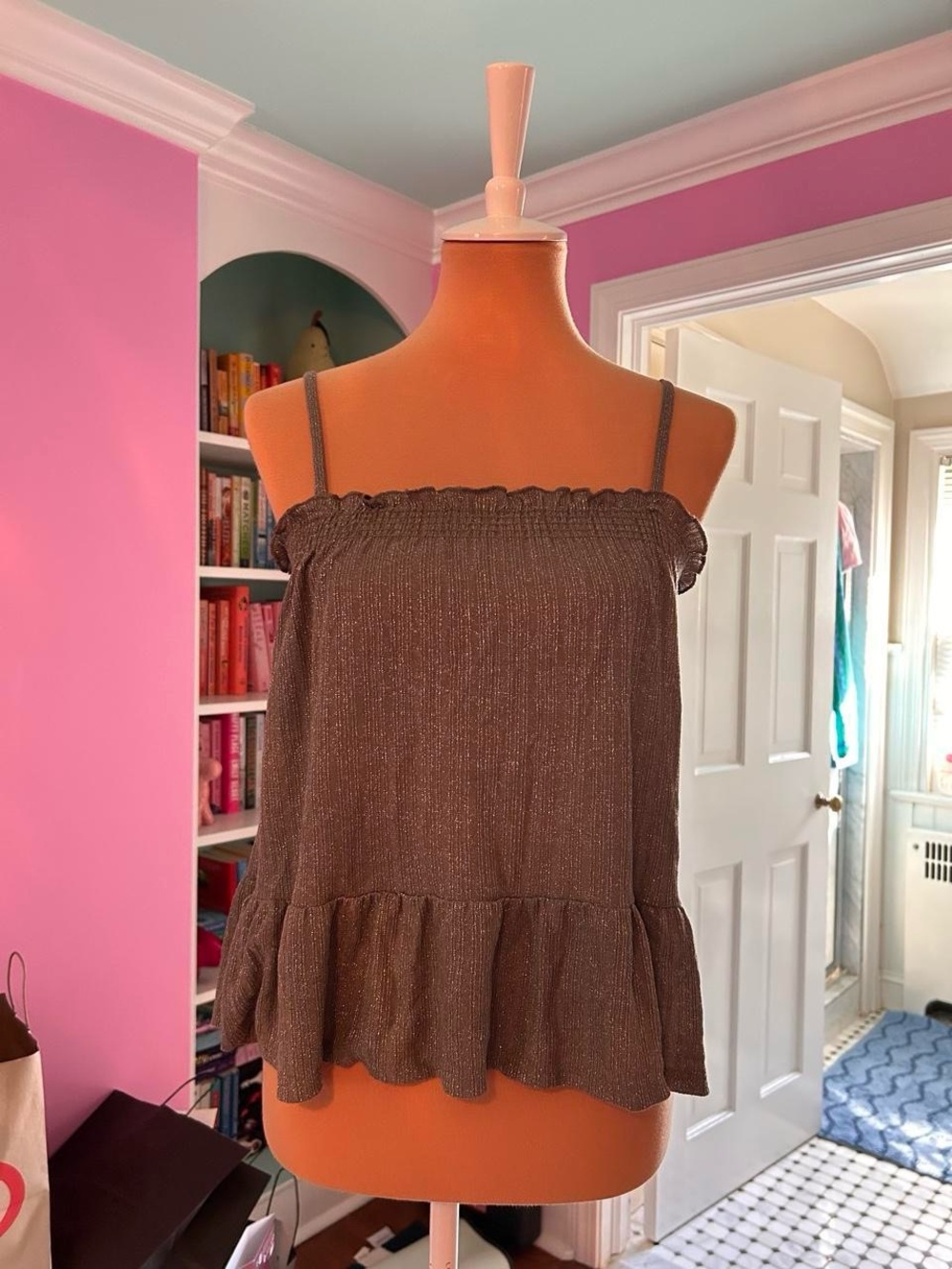 Metallic-Thread Smocked Strap top - Gray